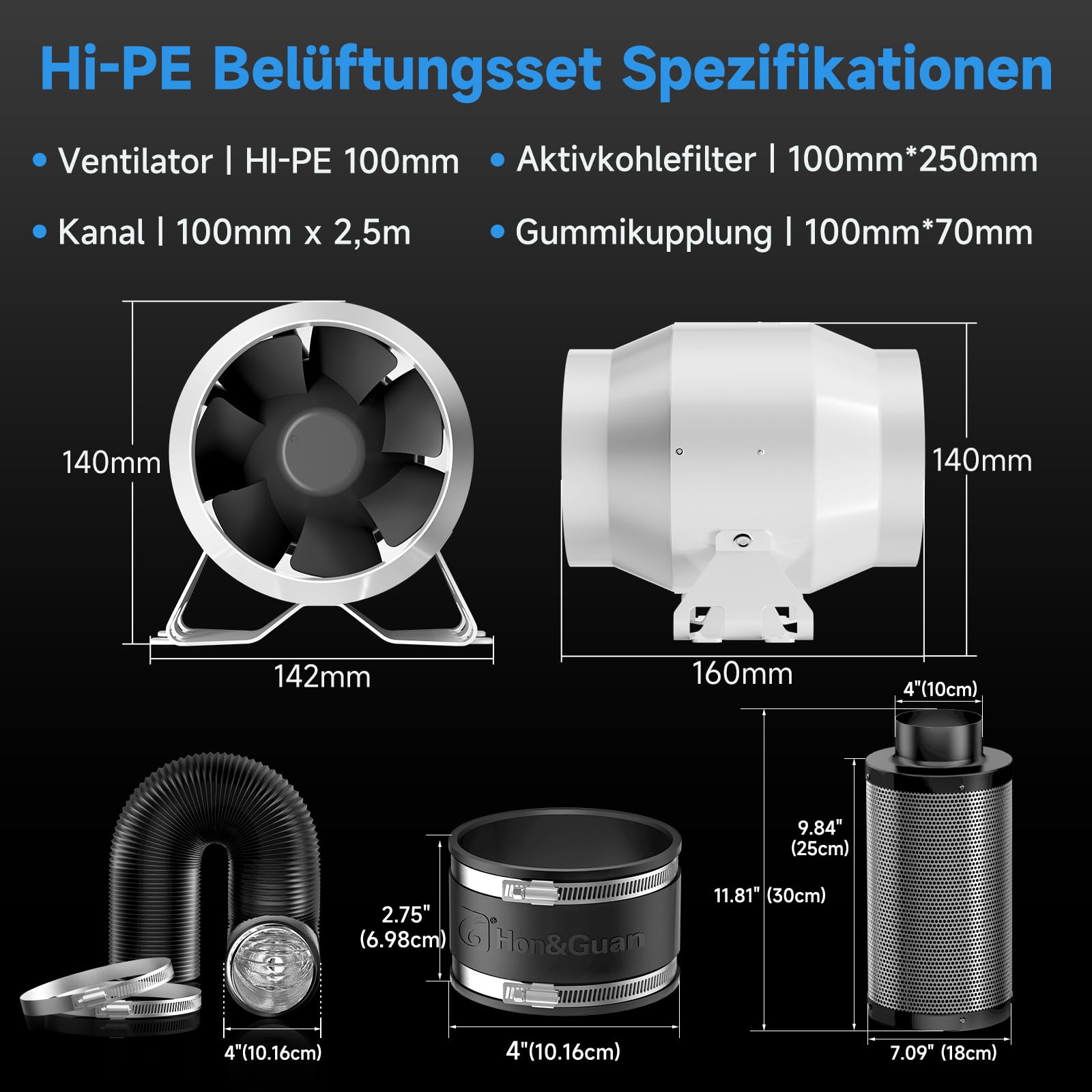 Hon&Guan HI-PE - Set di aria super volume, 360 m³/h, 100 mm, con regolatore di velocità, filtro ai carboni attivi, tubo di scarico in gomma, ventola di ventilazione avanzata per motore EC