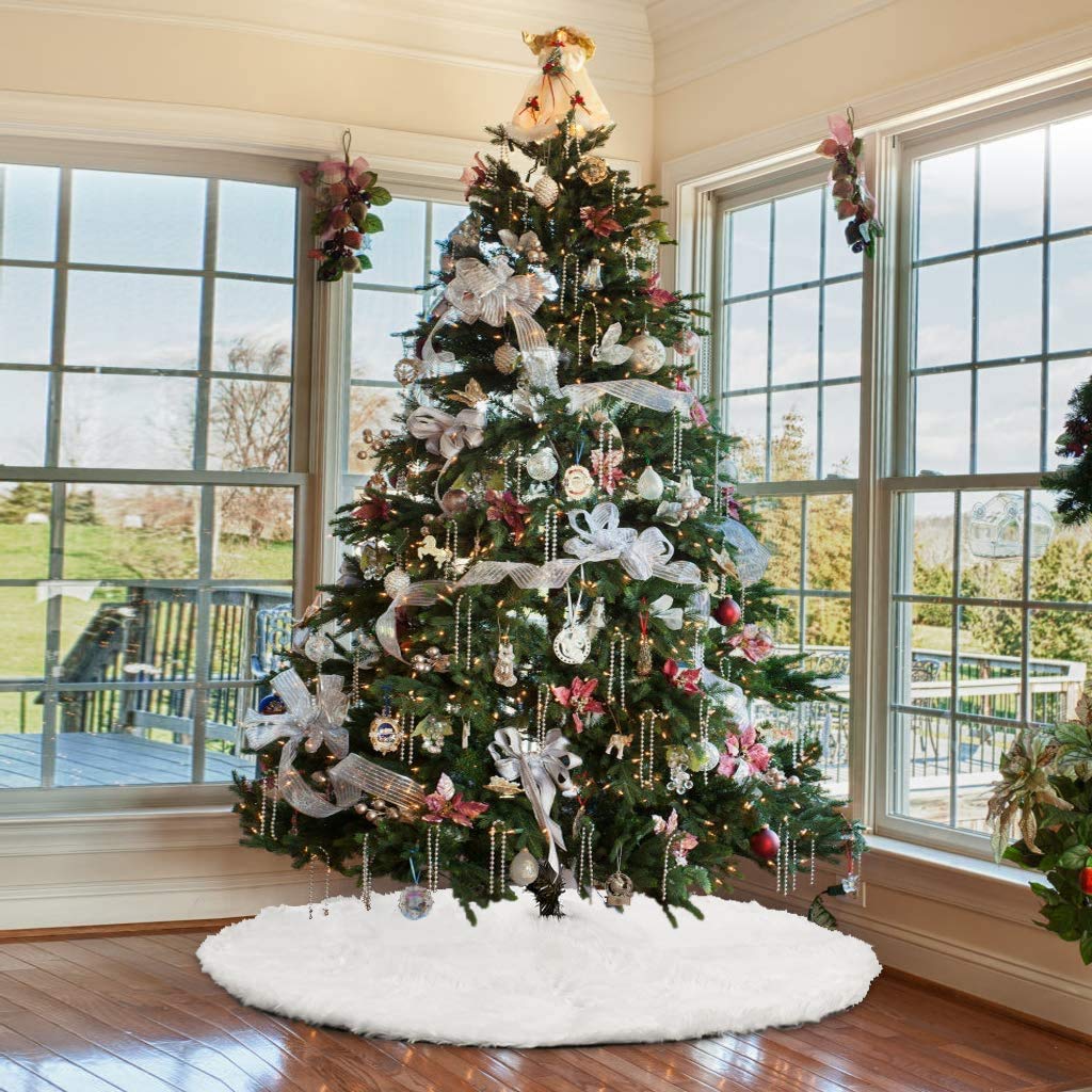 Jupe De Sapin De Noël En Fausse Fourrure Blanche - 90 Cm - Douce Et Duveteuse