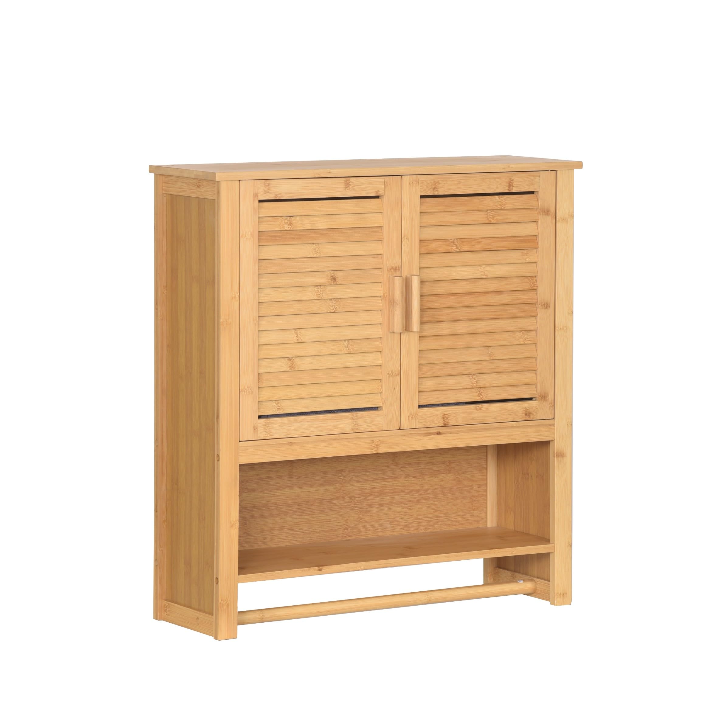 Armadietto sospeso in bambù per bagno, con 2 ante, porta asciugamani e ripiani, salvaspazio, 66 x 62 x 20 cm, colore naturale