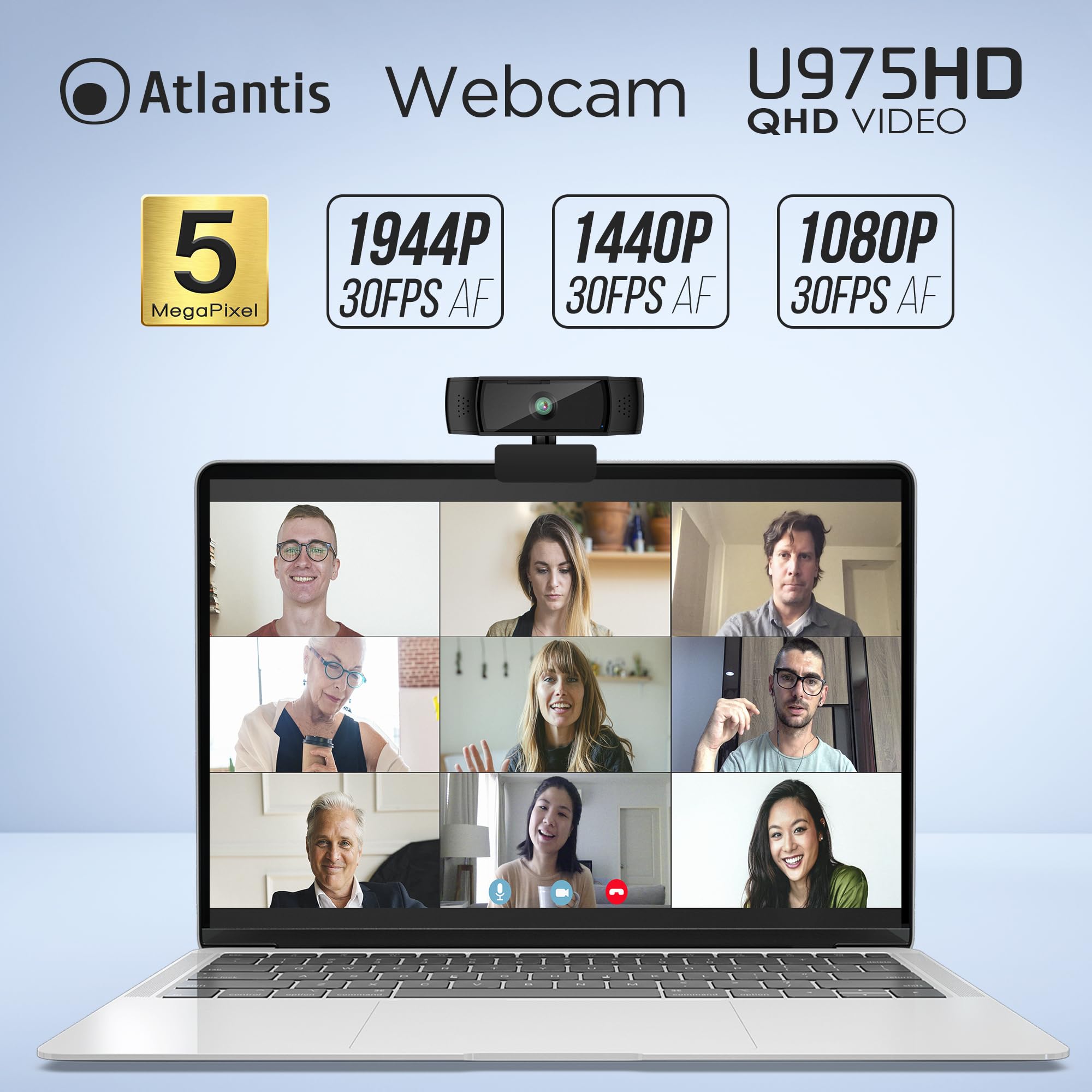 ATLANTIS Webcam 2K, 5 Mpixel 2560x1944/30fps e Full HD, fuoco automatico autofocus, Doppio Microfono Omidirezionale, bilanciamento del bianco, angolo vis 90°, adatta per videochiamate, USB,P015-U965HD