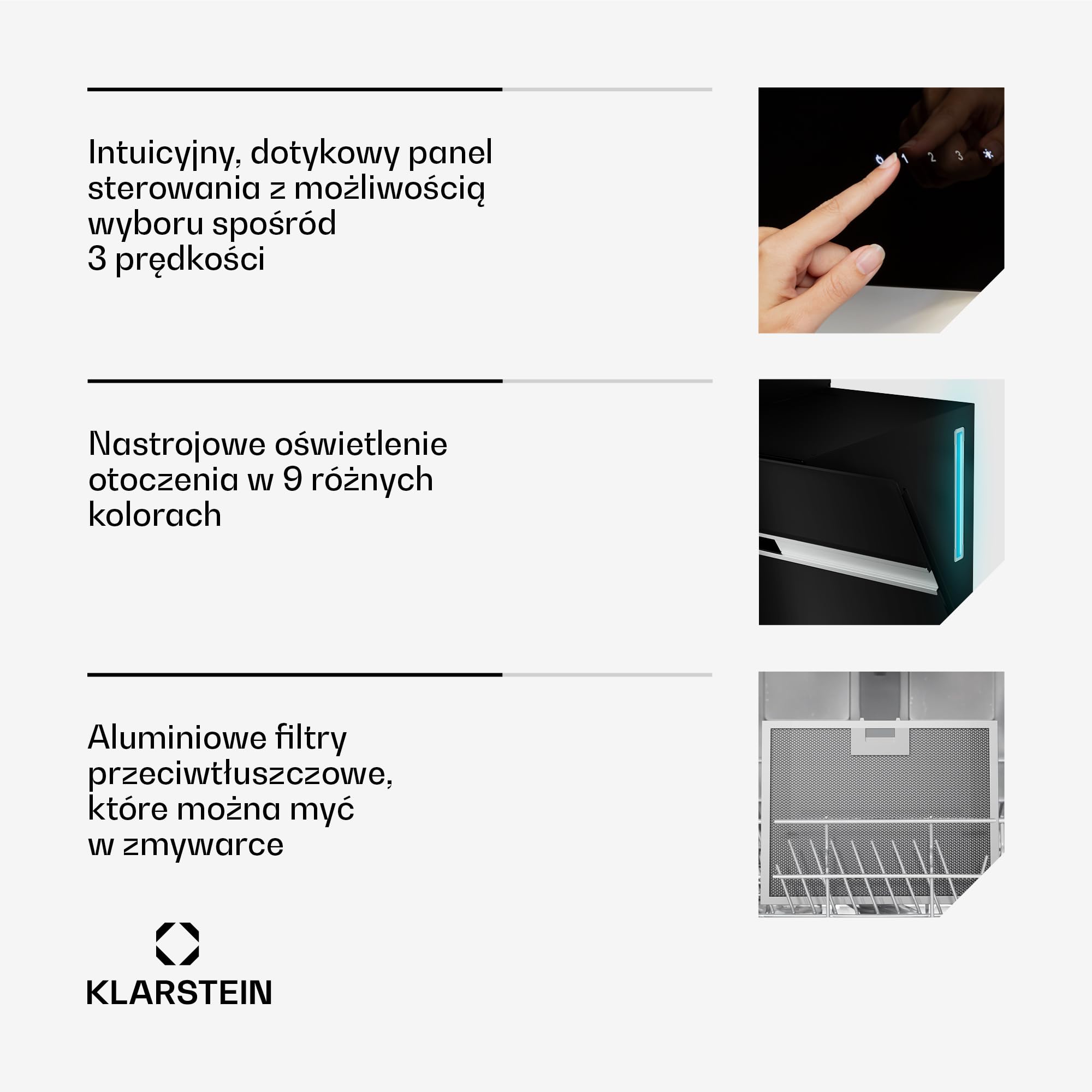 Klarstein Alina Okap kuchenny skośny – 90 cm, przepływ 615 m³/h, panel dotykowy, podświetlenie LED, cichy 63 dB, klasa energetyczna A, czarny