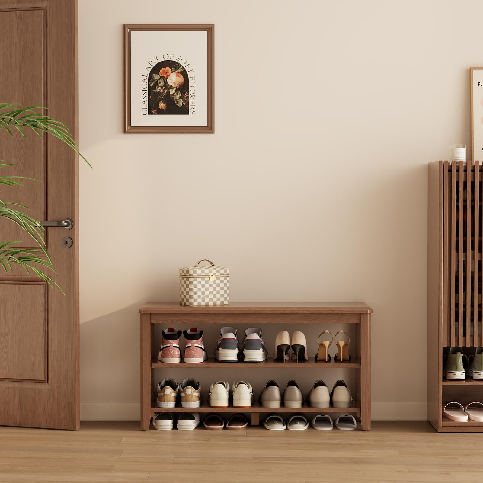 KASLANDI Schuhbank Holz, Schuhregal mit 2 Ebenen, Verstellbare Ablage, Schma und Platzsparend für Flur, Eingangsbereich, Wohnzimmer, Schlafzimmer,100 x 30 x 52 cm (Walnuss)