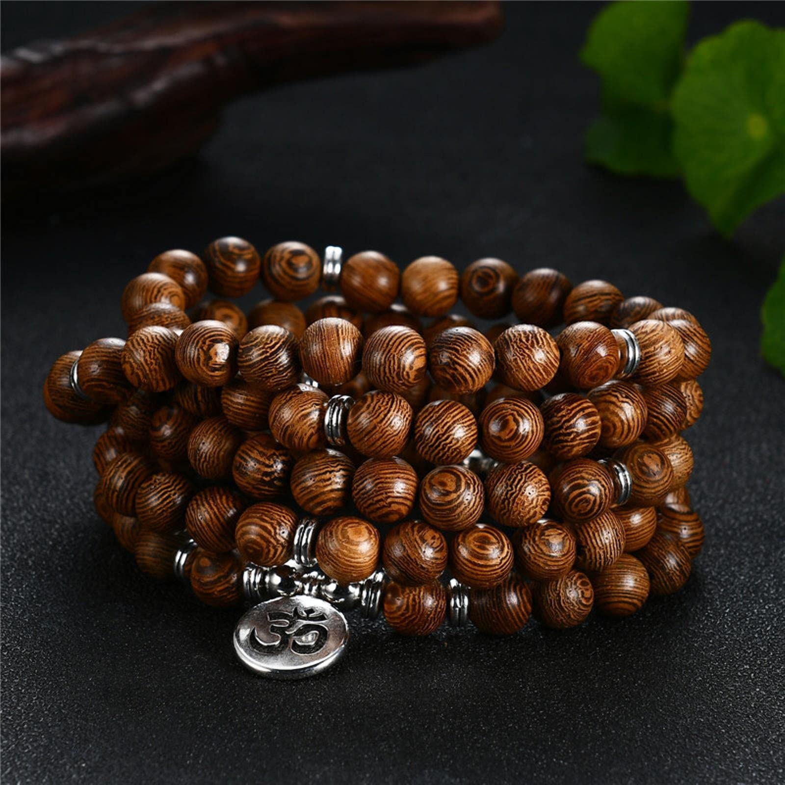 Pulseras, cuentas de oración, 1 pulsera de cabeza de leopardo de sándalo, budismo tibetano, cuentas de madera de Buda, pulsera de yoga chakra for joyería-OM (color: Om) (color: Bruin)