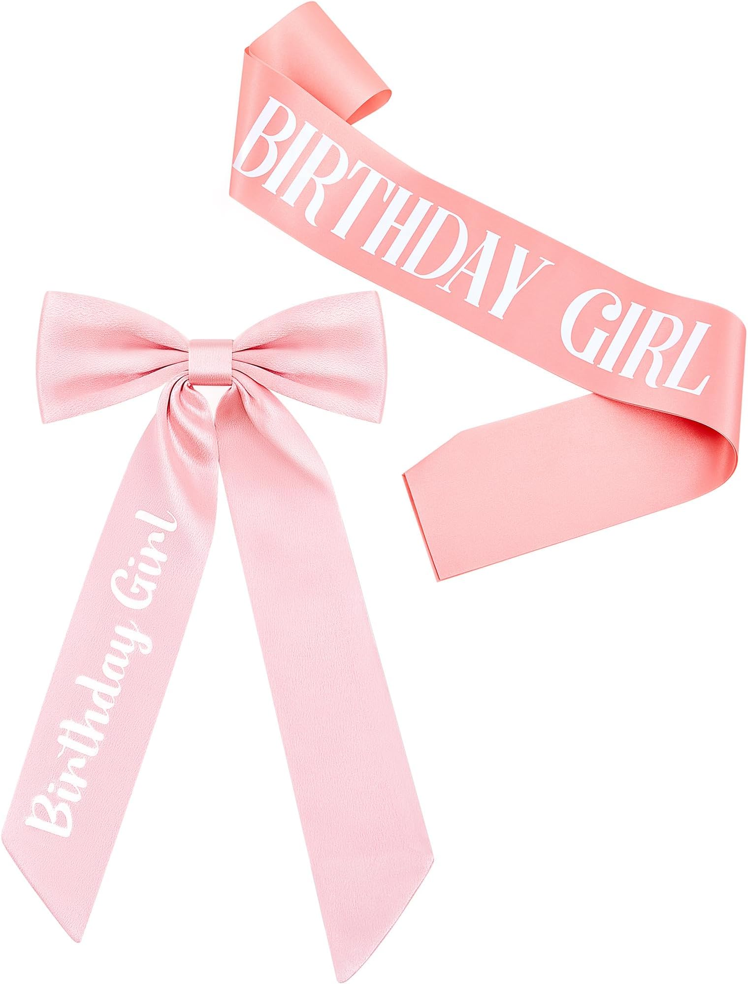 2 Pcs Birthday Sash and Hair Bow Set for Women Girl Pink Stain Sash with Hair Ribbon Bow Clips Happy Birthday Accessories Party Favors Set for Women Gifts