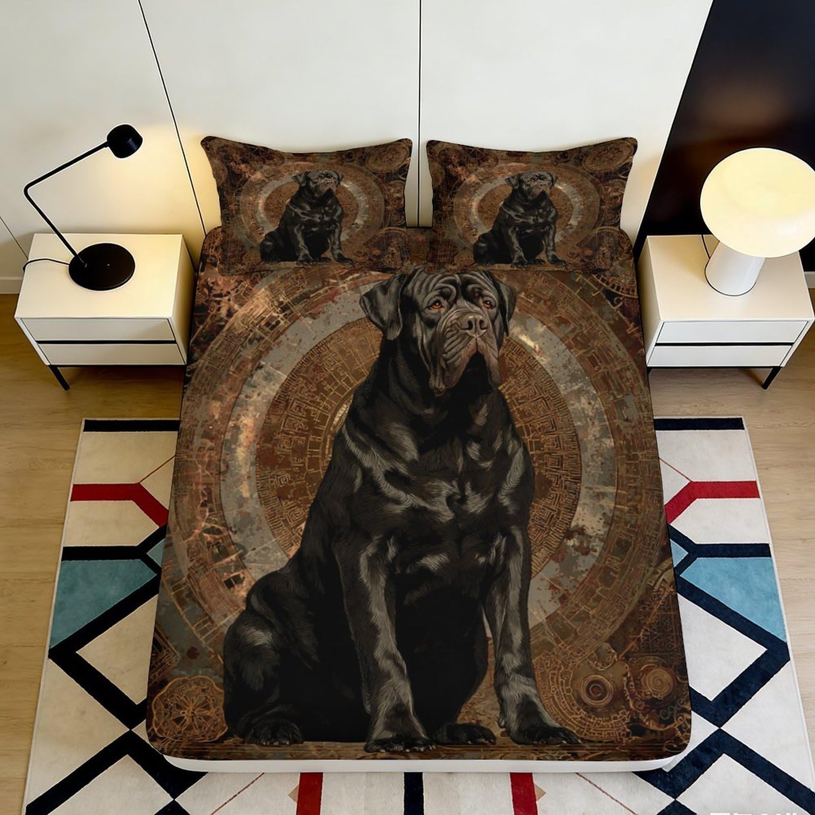 Jwndfkpvxzgl Style-2 3D Printed Black Dog Fitted Sheet Microfiber Brown Mandala Bed Cover Non-Slip Bedroom Mattress Protection 90X200x25cm