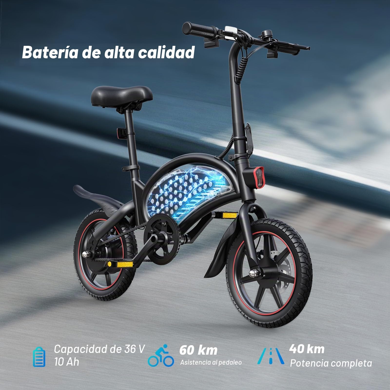 DYU Bicicleta Eléctrica Plegable,14 Pulgadas Portátil Bicicleta Eléctrica,Inteligente E-Bike con Asistencia de Pedal, Altura Ajustable,Portátil Compacta,Unisex Adulto