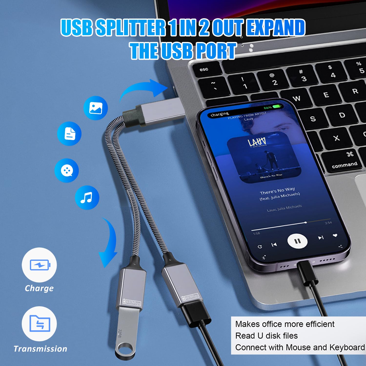 BLKing USB 2.0 A Male to 2 Dual USB Female Jack Y Splitter Hub Power Cord Extension Adapter Cable — view 4