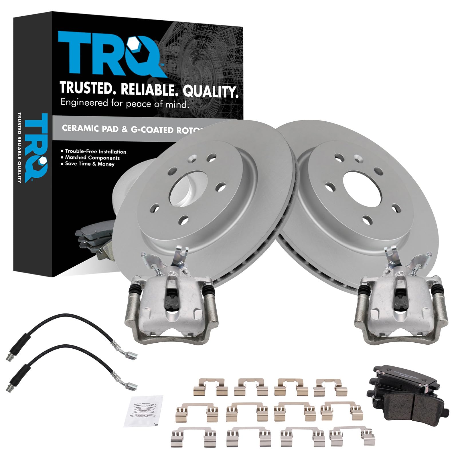 TRQ Rear Brake Pad and Rotor Set Ceramic G Coated 315 mm Rotors Calipers Compatible with 2014-2015 Chevrolet Malibu 2016 Malibu Limited