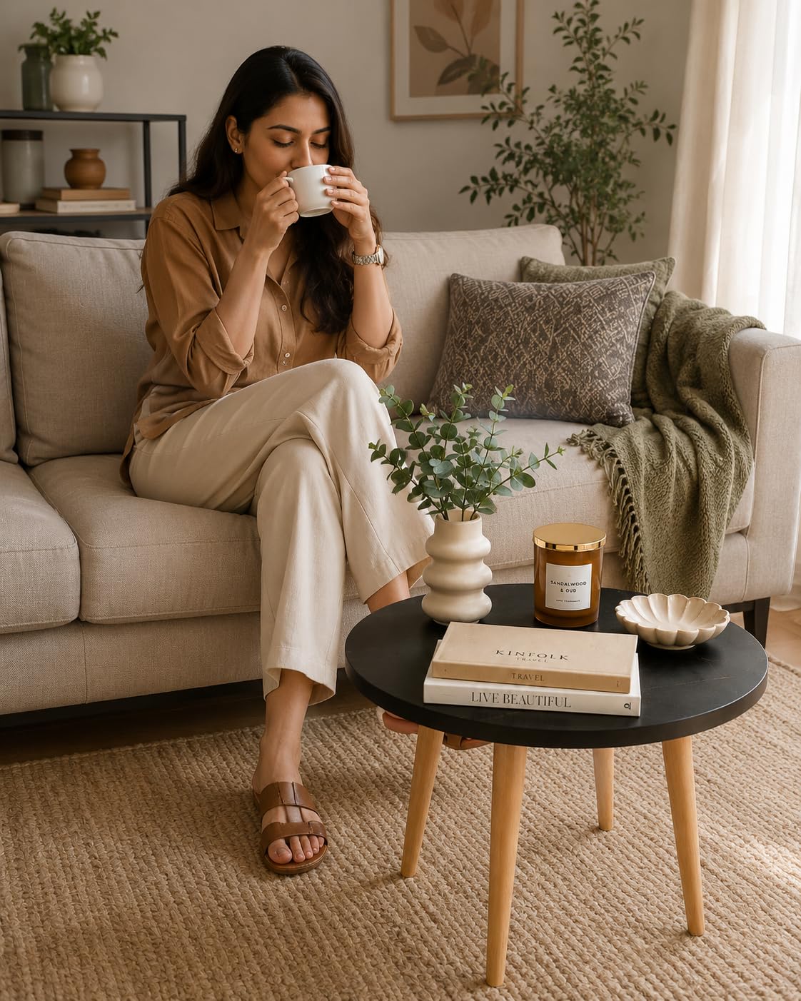 Coffee Side Table with Wood Legs, Modern Wood Accent Table, Easy to Use, Round Side Table, Small End Table for Living Room (Black)-picture-19