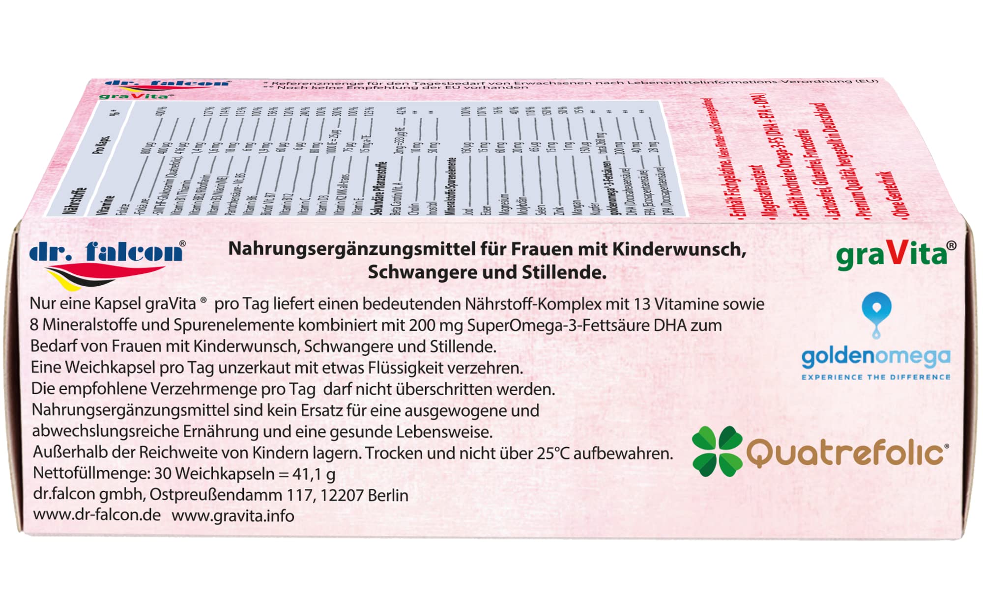 graVita – 25 Nährstoffe für Kinderwunsch, Schwangerschaft und Stillzeit - 30 Kapseln | enthält Folsäure, Quatrefolic, Omega-3, DHA, Vitamin D3 + K2, Jod, Eisen, Selen