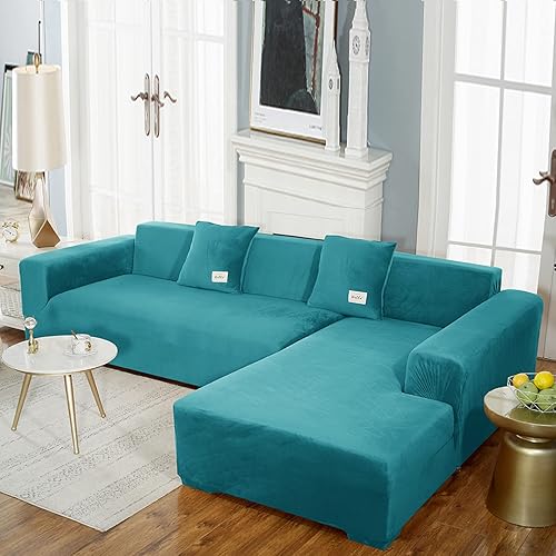 Miniatura 7 de Fundas de sofá de alta elasticidad en forma de L, 2 fundas de sofá seccionales, una para sofá porción uno para diván, de terciopelo, lavable,