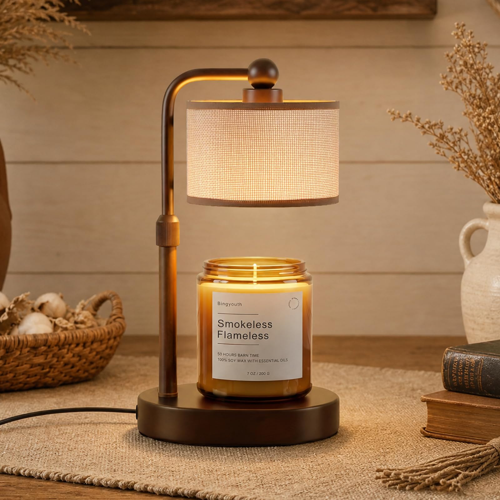 Candle Warmer Lamp with Timer and Dimmer, Height Adjustable Electric Candle Warmer Lamp for Jar Candles, Includes 2 Bulbs, Birthday Gifts for Women, Housewarming Gifts for Mum Her, Brown Drum Shade