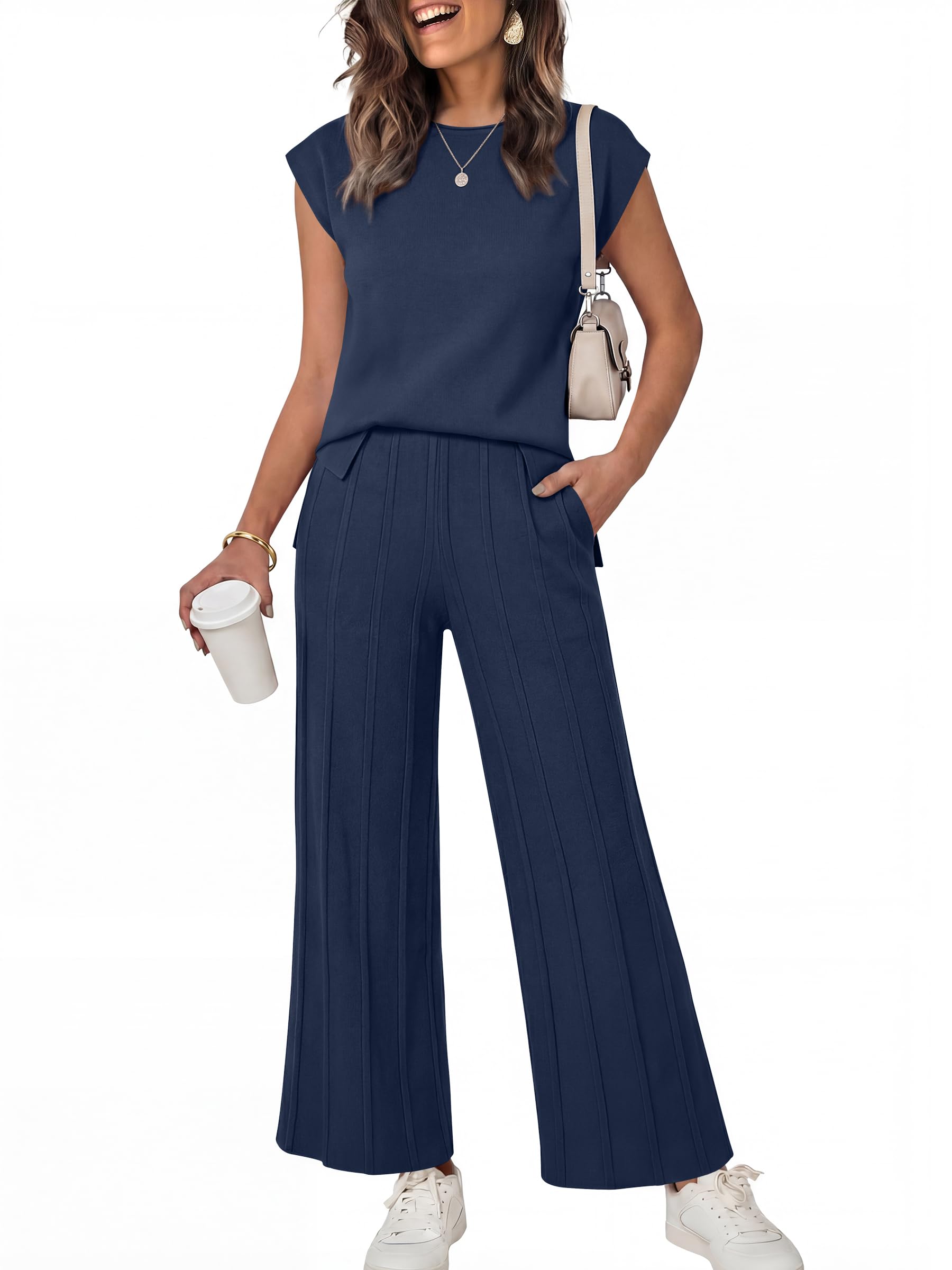 ANRABESS Conjunto feminino de 2 peças, casual, verão, sem mangas, calça de tricô, suéter, conjunto combinando 2024 roupas modernas