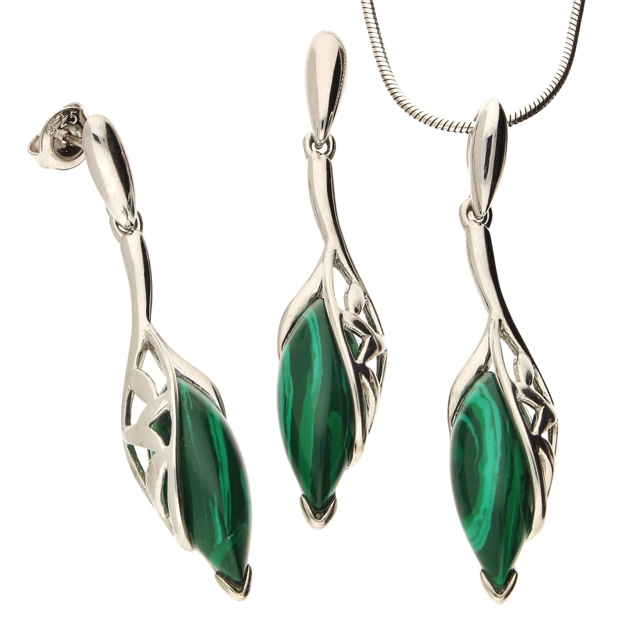 Echtes 925 Silber SCHMUCKSET mit Malachit, grün, ANHÄNGER + OHRHÄNGER inkl. Silberkette 50 cm