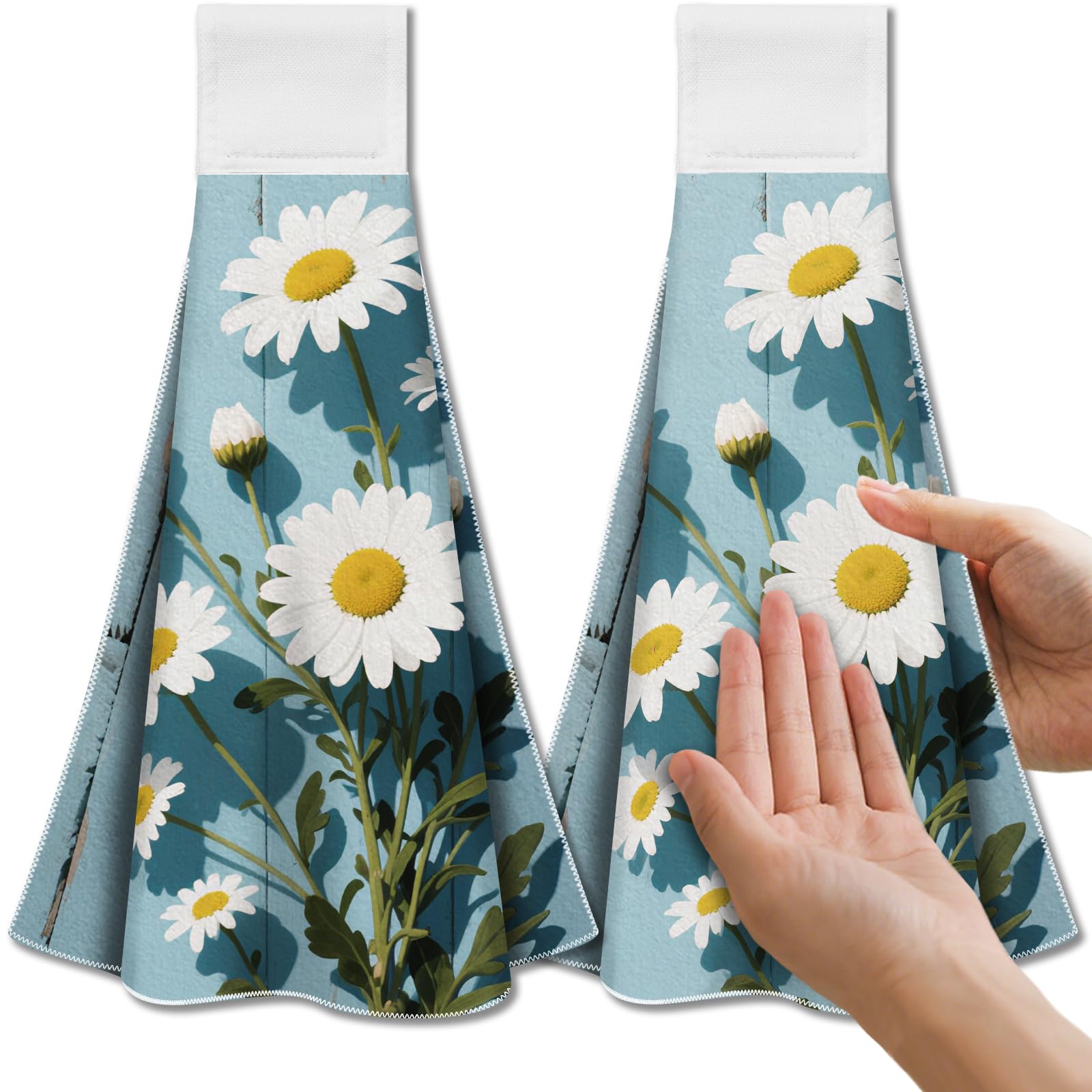 CUTHOLLOW Daisies Flowers Tea Towels for Kitchen with Loop, Set of 2 - Soft & Super Absorbent Microfiber Decorative Hanging Dish & Hand Towel, Tea, Coffee Towel for Kitchen Bathroom Oven Handle
