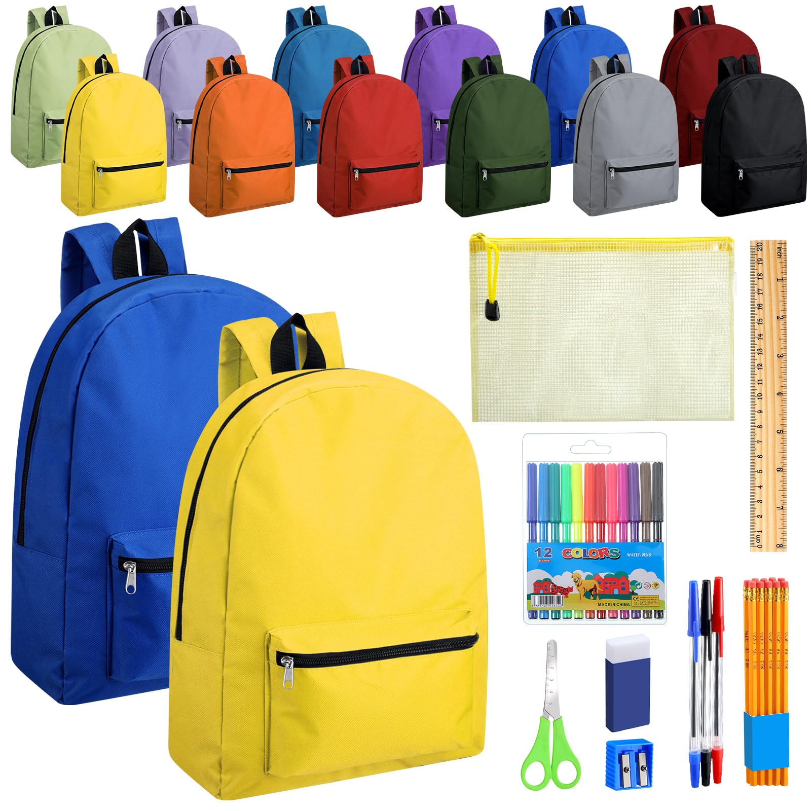 Silkfly 12 Pcs 17" Backpacks with 144 Pcs School Supplies Kits Includes Markers Scissors Rulers Sharpeners Ballpoint Pens Erasers Pencil Cases Pencils