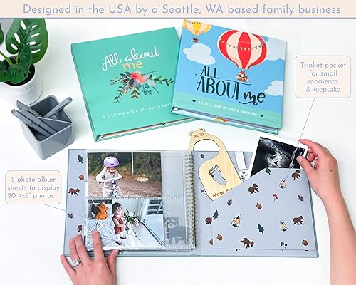 Miniatura 4 de RubyRoo Baby Libro de recuerdos con calcomanías de hitos – Álbum de fotos de primeros 5 años para bebé, niño o niña, regalo de embarazo para baby