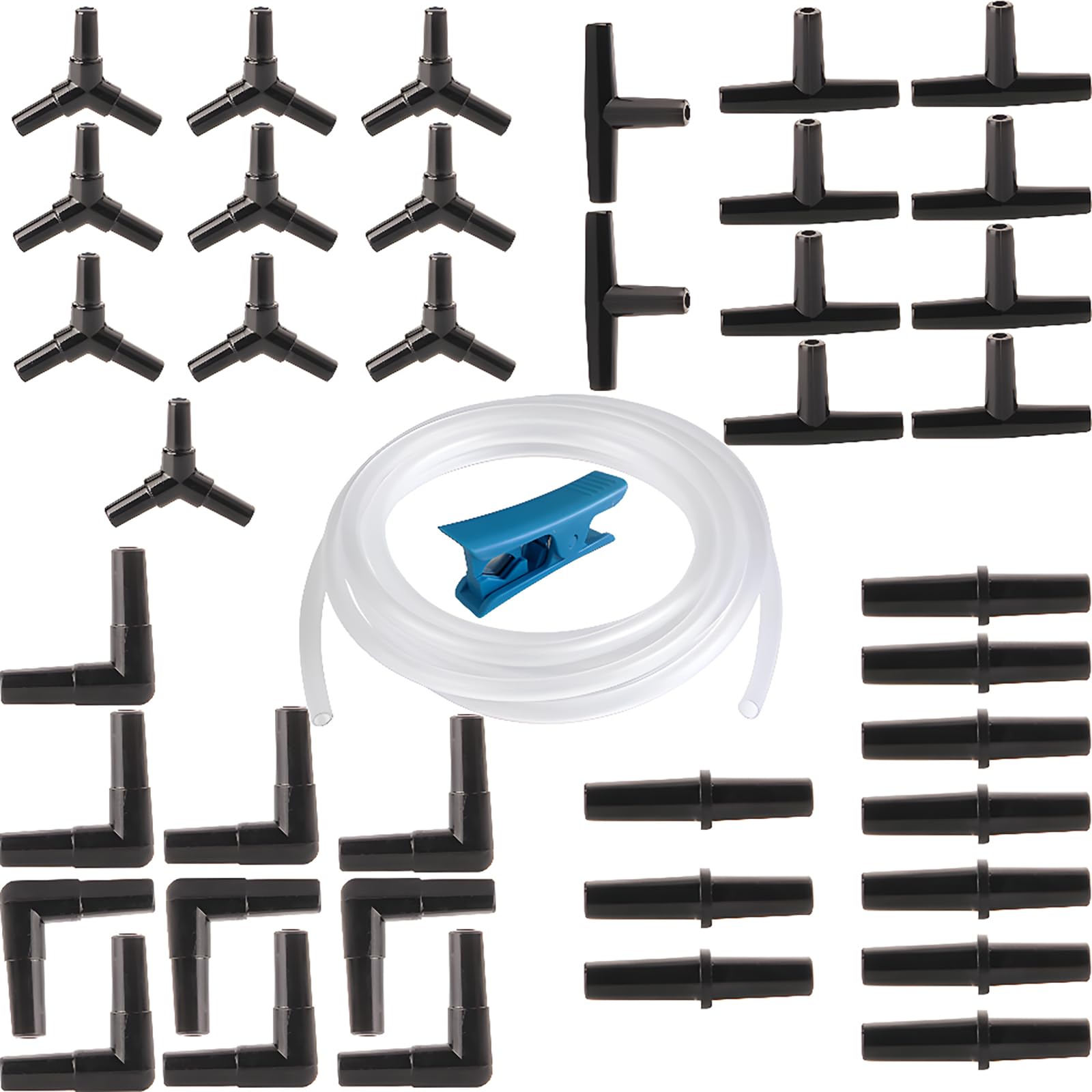 CESFONJER Aquarium Air Pump Accessories Set | 5m/16.4ft 4mm/6mm Fish Tank Pond Air Line Tube | 40 Pieces Y T L I Connector | Water Pipe Divider