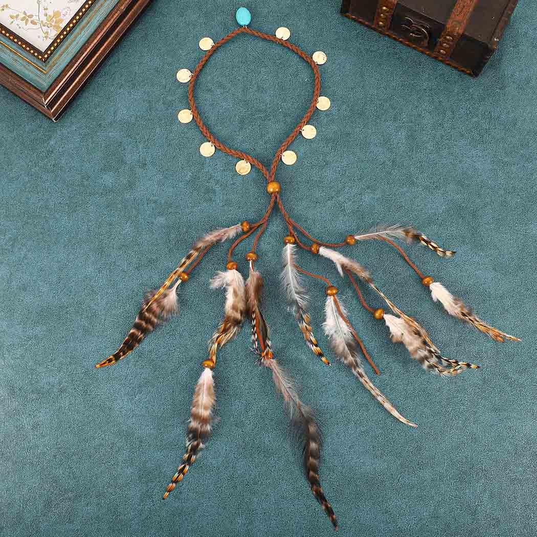 Fashband Indian Feather Headband Boho Coins Tassel Hippie Headdress Tribal Beads Festival Headpiece Hair Accessoriess for Women (A - Image 2