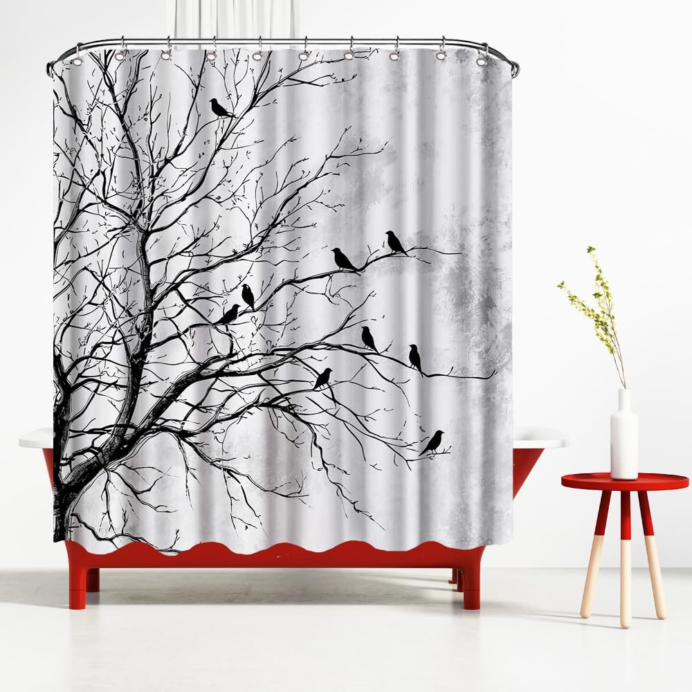 FuShvre Black and White Shower Curtain Tree and Birds Bath Curtain Nature Bathroom Decor Hooks Included 72x72 inches (Grey)