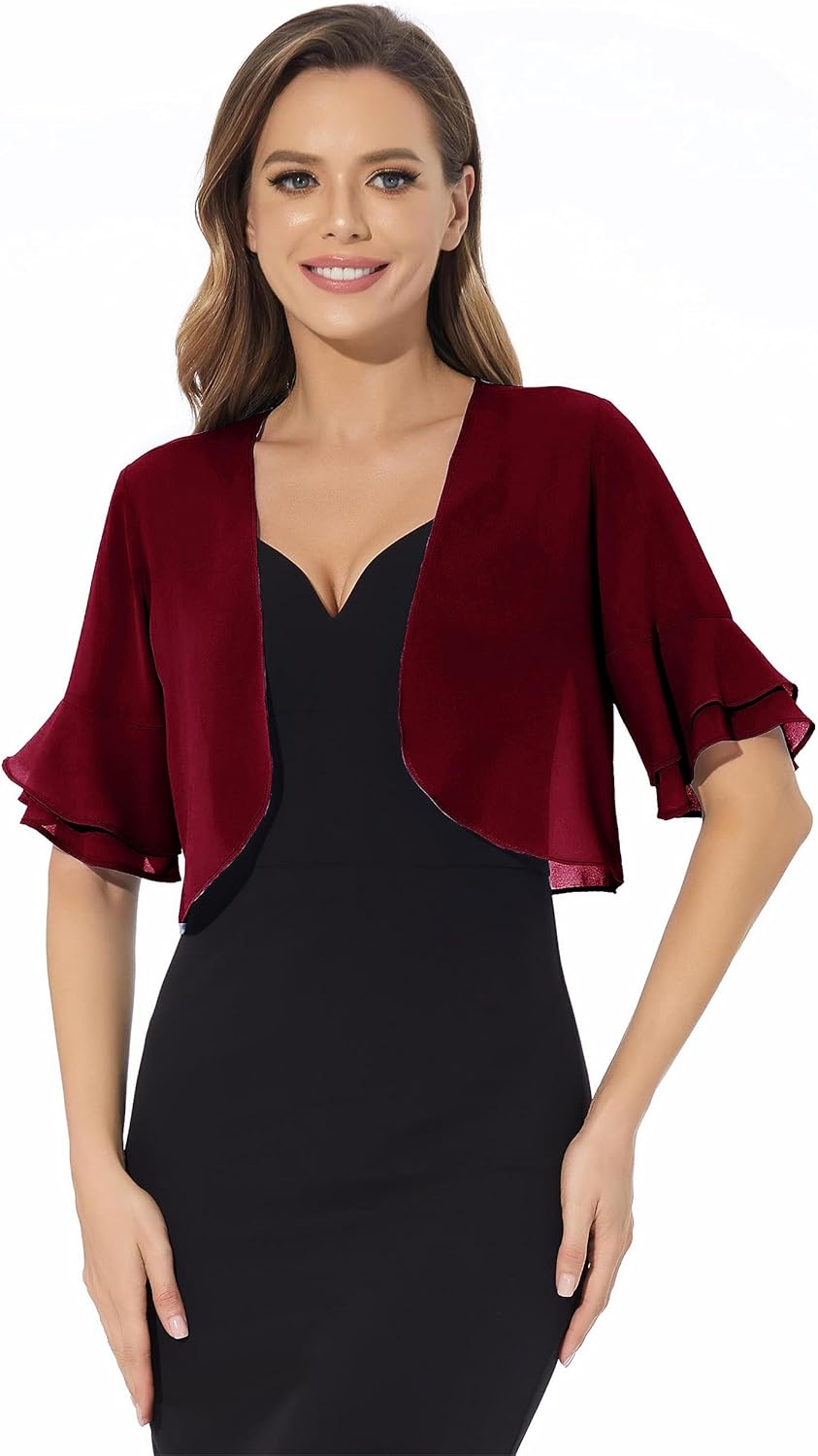 Women Shrug Soft Chiffon Open Front Sheer 3/4 Sleeve Bolero Cardigan for Evening Dress - Image 2