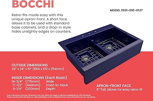 Miniatura 3 de BOCCHI Nuova Delantal de 34 pulgadas, 5050 con rejilla inferior protectora y coladores en azul zafiro