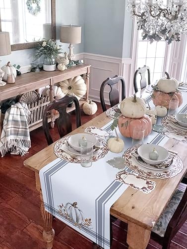 Miniatura 4 de Camino de mesa de Acción de Gracias de otoño de 70 pulgadas, decoración de ramas de hoja de calabaza blanca para mesas de comedor, rayas grises,