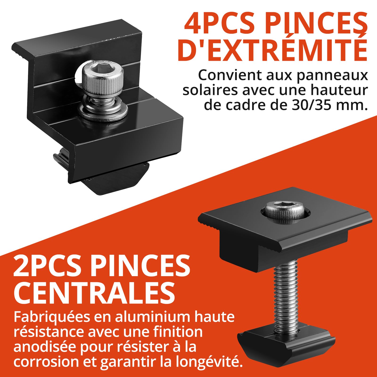 GETLITOOL Supports de Montage de Panneaux Solaires en Aluminium - Kit de 6 Rails 120x25mm 4 Pinces 2 Supports Centraux - Compatible 30/35mm - Étanche&Robuste - Pour Camping-car Maison Bateau - Noir