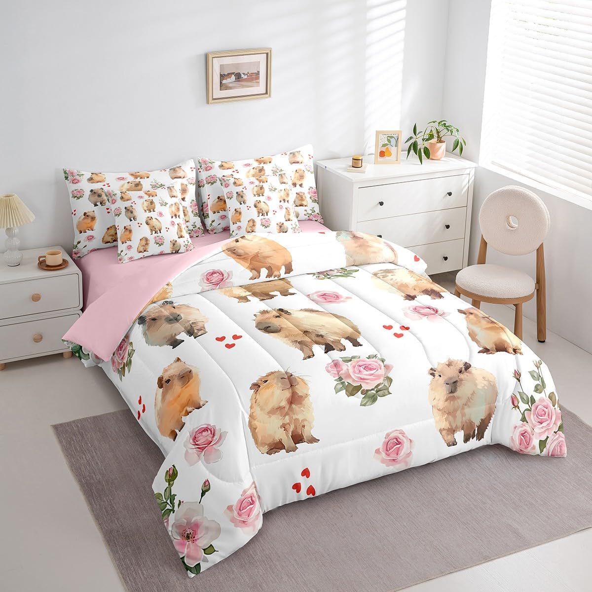 Erosebridal Capybara 7 Pieces Bedding Set Romantic Rose Queen Comforter Set with Sheets for Boys Girls Kids Room Decor Floral Capybara Bed in a Bag Cute Animal Bed Set