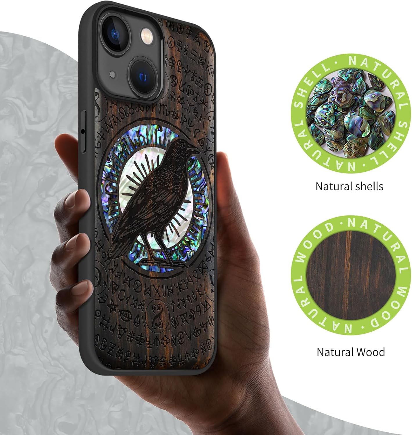 Carveit Wooden Case for iPhone 15 Magnetic Case, Compatible with MagSafe Wireless Chargers, Shockproof Cover, Handmade Shell Inlaid & Wood Artisan Engraved (Haloed Crow) Blackwood