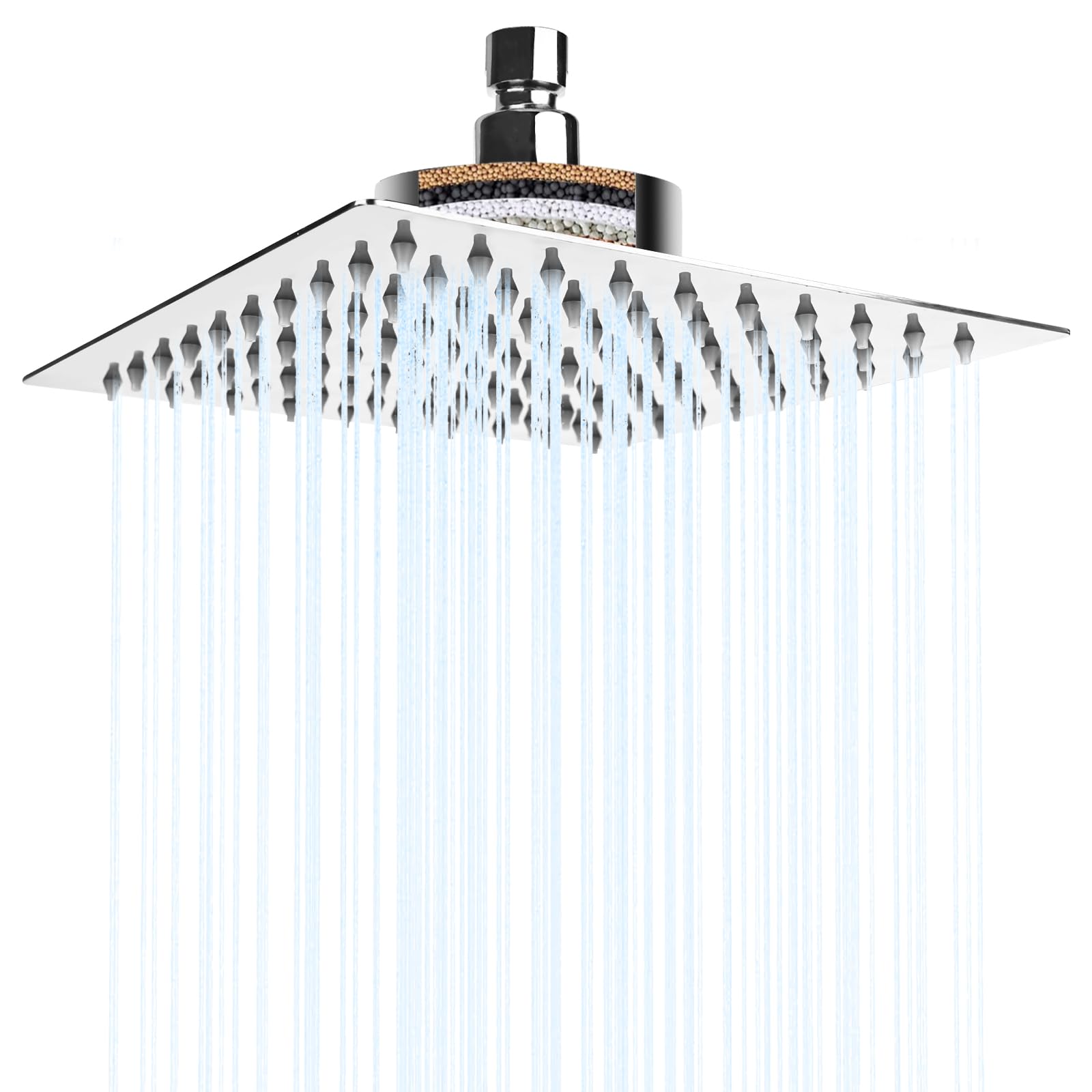 Filtered Shower Head 8″ Square, High Pressure Showerhead, Waterfall Filter Showerhead, Water Saving Rainfall Shower Head