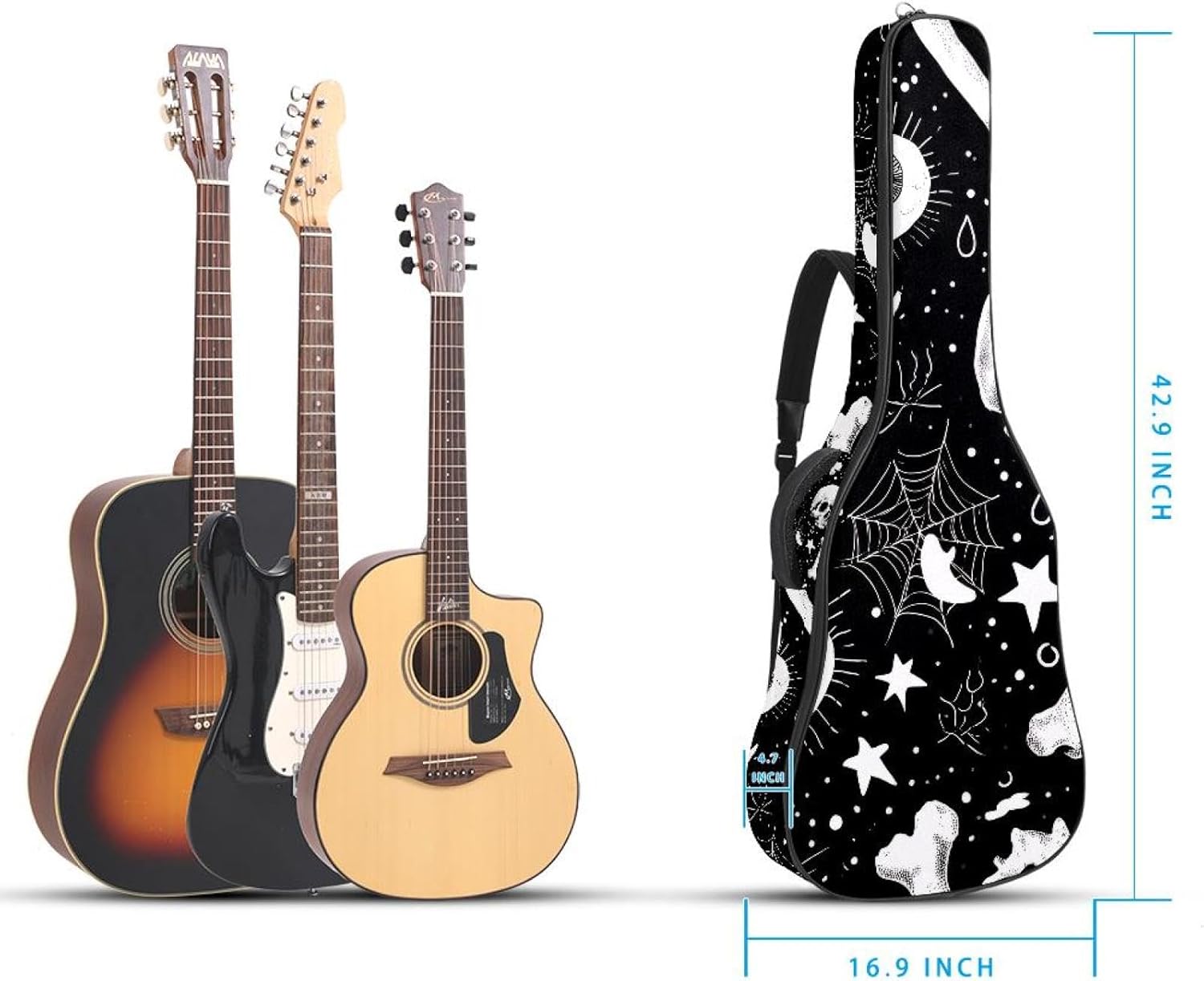 40 41 42 Inch Acoustic Guitar Bag, 0.4 In Thick Sponge Padded Guitar Case Gig Bag with Back Hanger Loop and 2 Pockets, Halloween Skull Bone Eyeballs Black and White Pattern