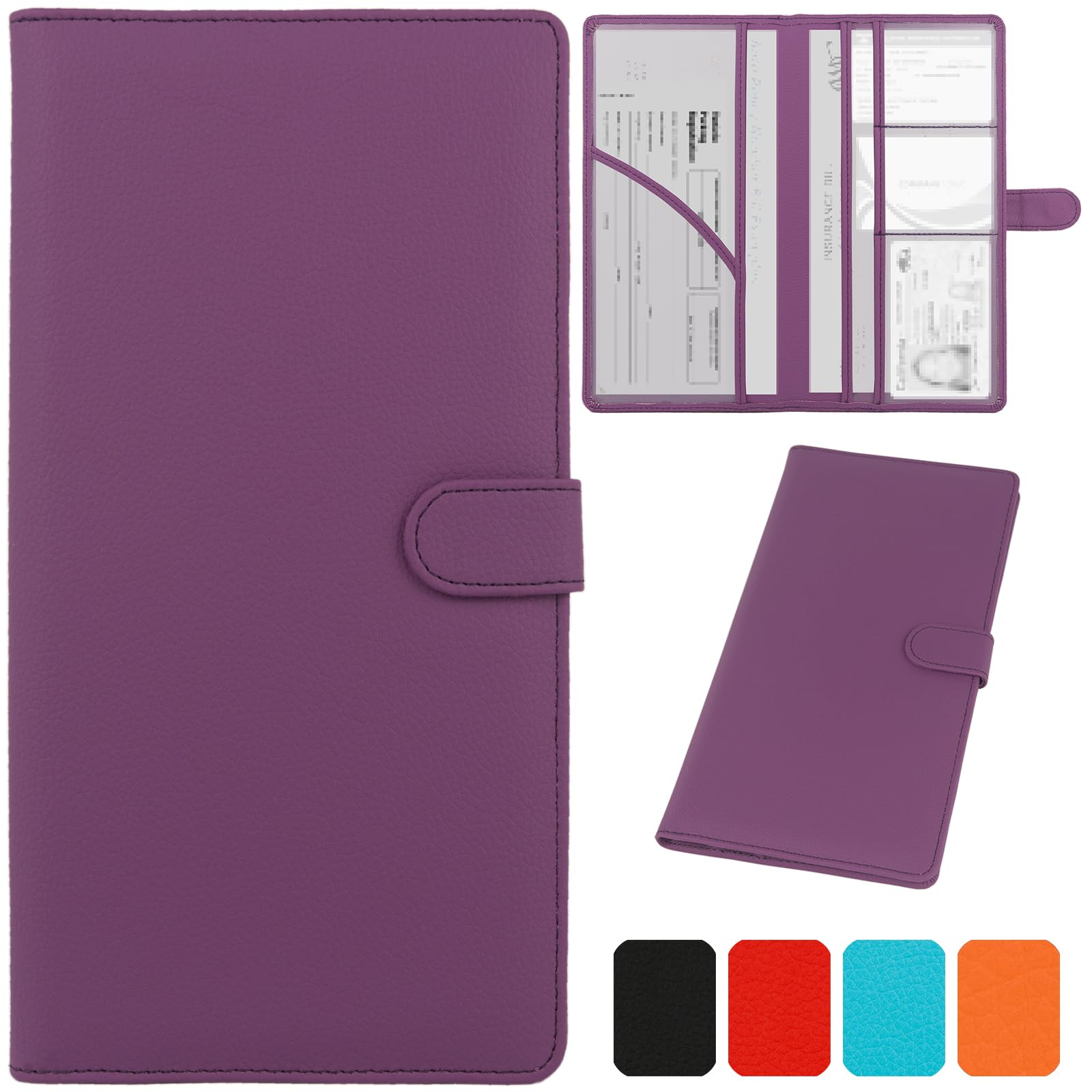 Tarjetero de registro y seguro en cuero morado premium con solapa magnética