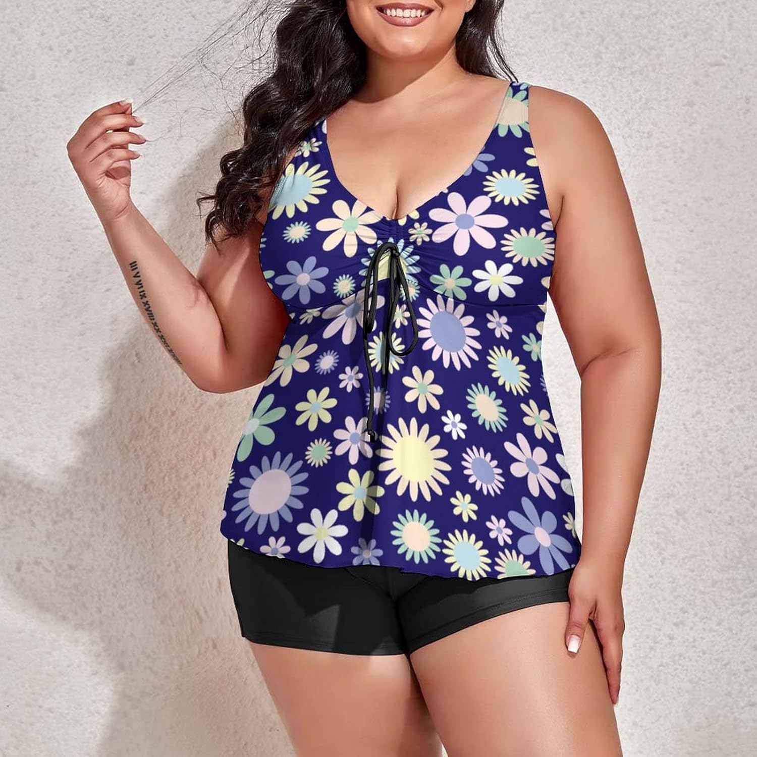 Womens Plus Size Tankini Swimsuit with Boyshort Blue Floral Flower Seamless Pattern Two Piece Bathing Suit Garden Wildflowers Swimwear Tummy Control