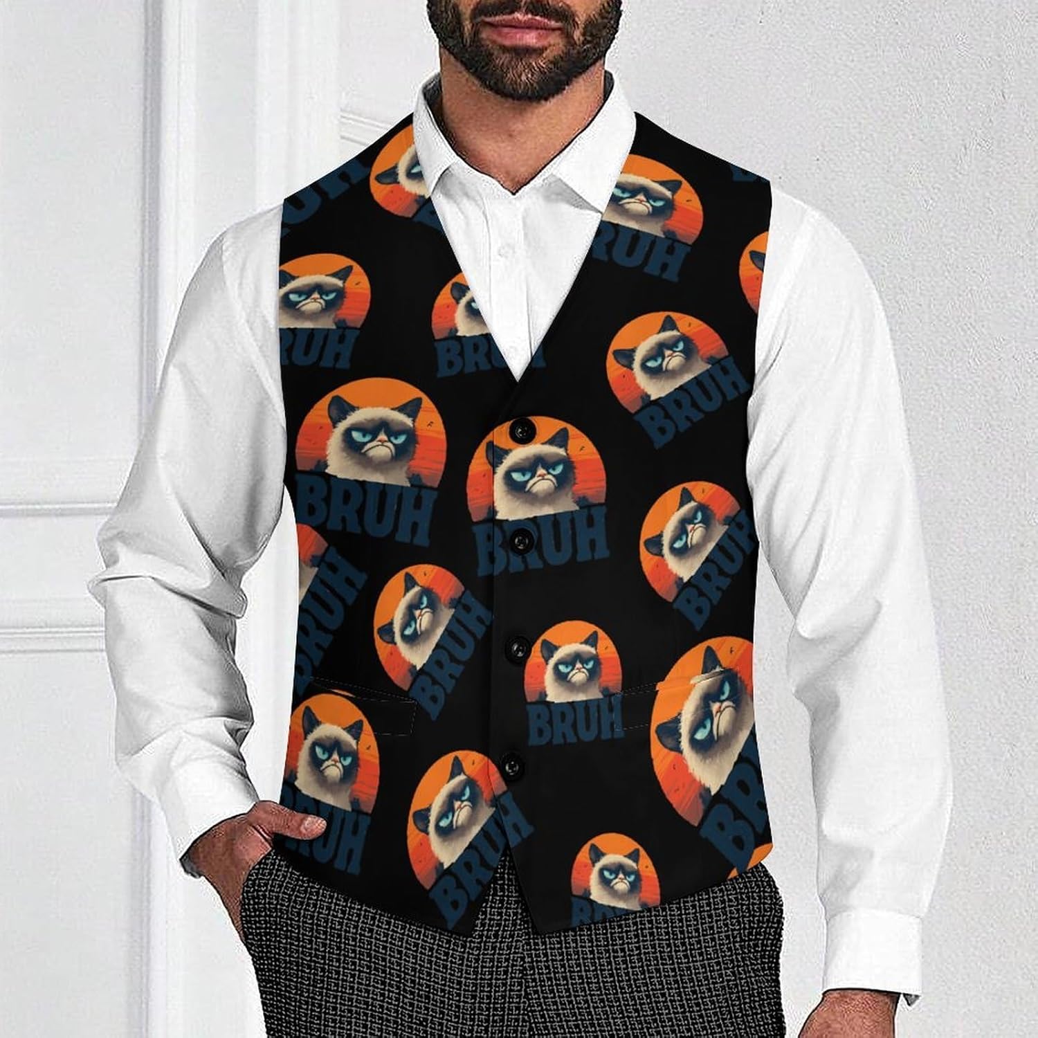 Funny Cat Bruh Meme Saying Siamese Cute Casual Men's Business Suit Vest Slim Fit Formal Dress Waistcoat Vests
