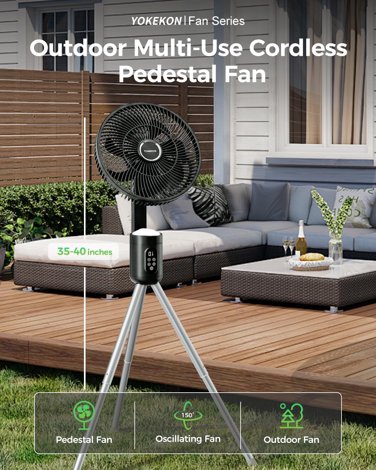 Outdoor Standing fans for patios,12" Rechargeable Cordless Pedestal Fan,Hanging 12000mAh Battery Operated Oscillating Fan with Remote,Light, Quiet,8 Speeds,Timer,Gazebo/Deck/Porch/Pergola/Tent,Black