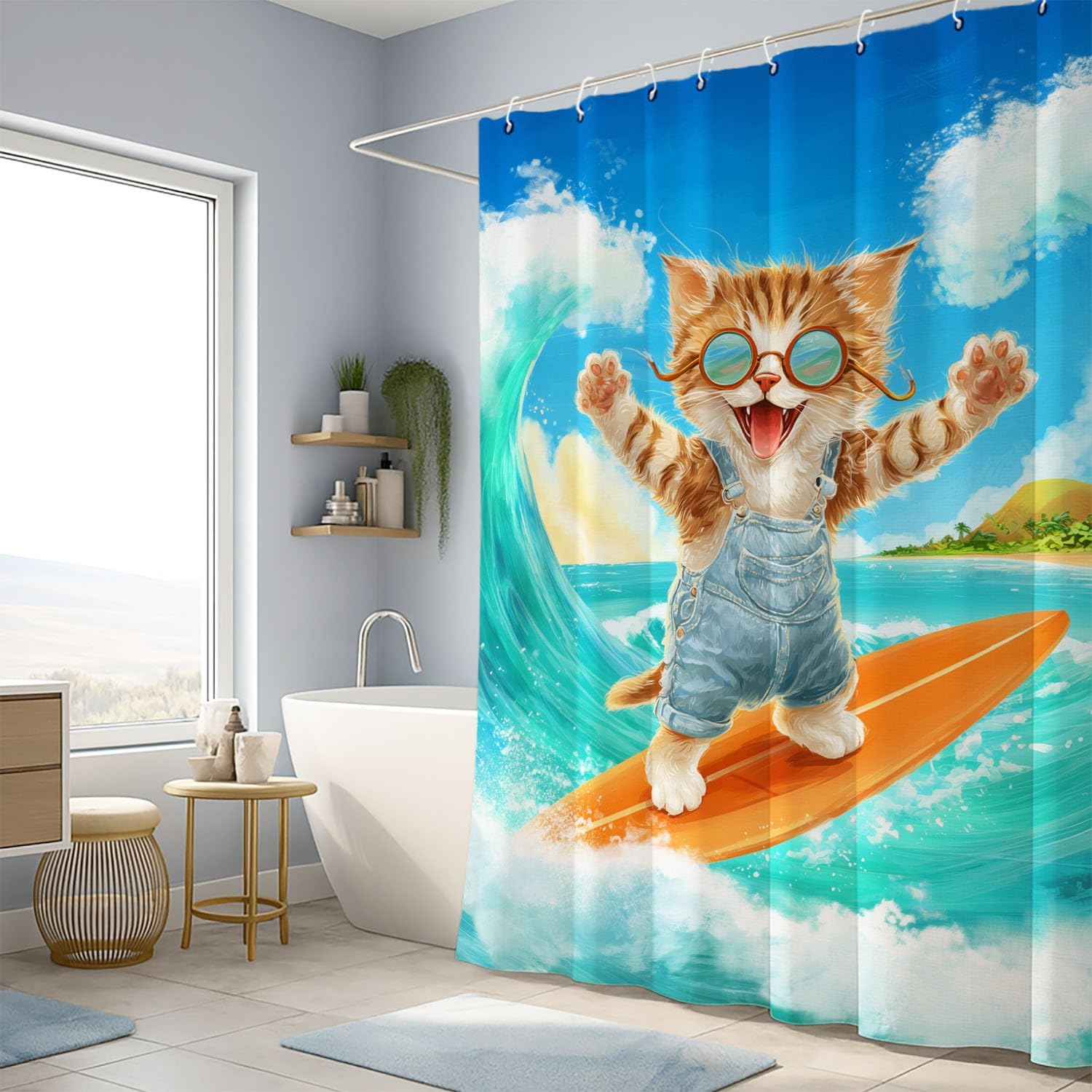 Cortina de ducha de dibujos animados para animales, cortina de ducha, 180 x 200 cm, antimoho, tela lavable divertida, borde de mar, surf, gato, tigre, cortinas, baño con ganchos, azul