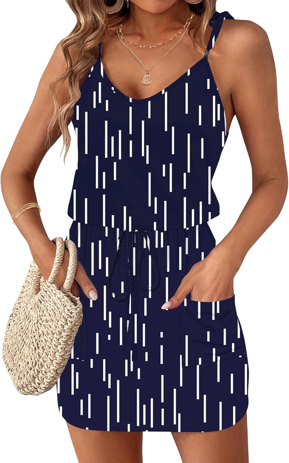 AUSELILY Zomerjurk Dames V Hals Strandjurk Mini Mouwloos Strap Dress Spaghetti Strap Drawstring Luchtig Dames Jurk met Zakken Strepen Rood Blauw Grijs XL