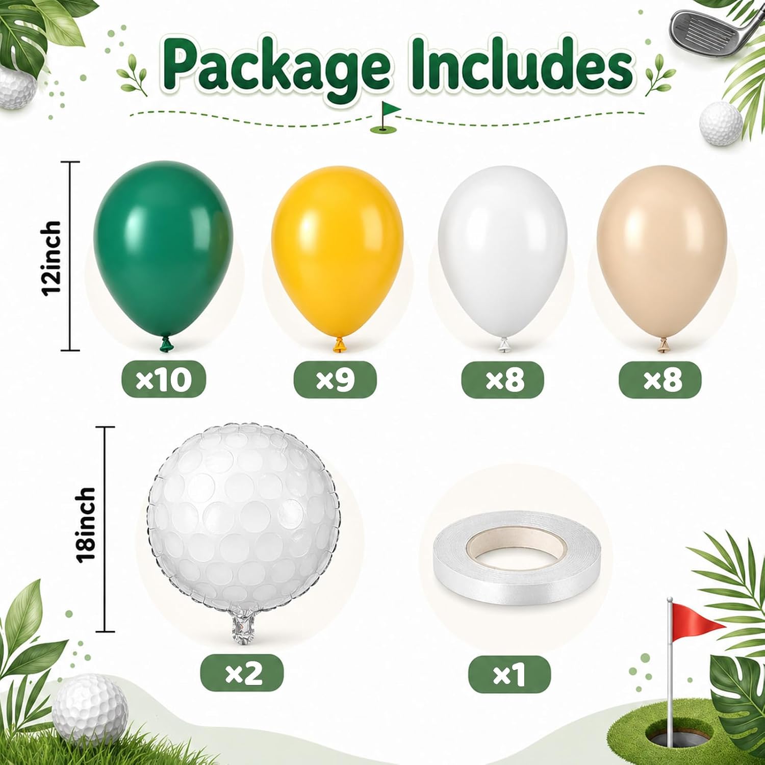 Golf Balloons, 12 Inch Green Yellow White Sport Themed Party Decorations thumbnail