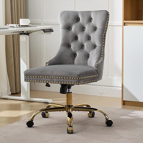 Miniatura 2 de Silla de escritorio de terciopelo gris para oficina en casa con ruedas y base dorada, moderna silla giratoria cómoda de oficina, silla de trabajo,