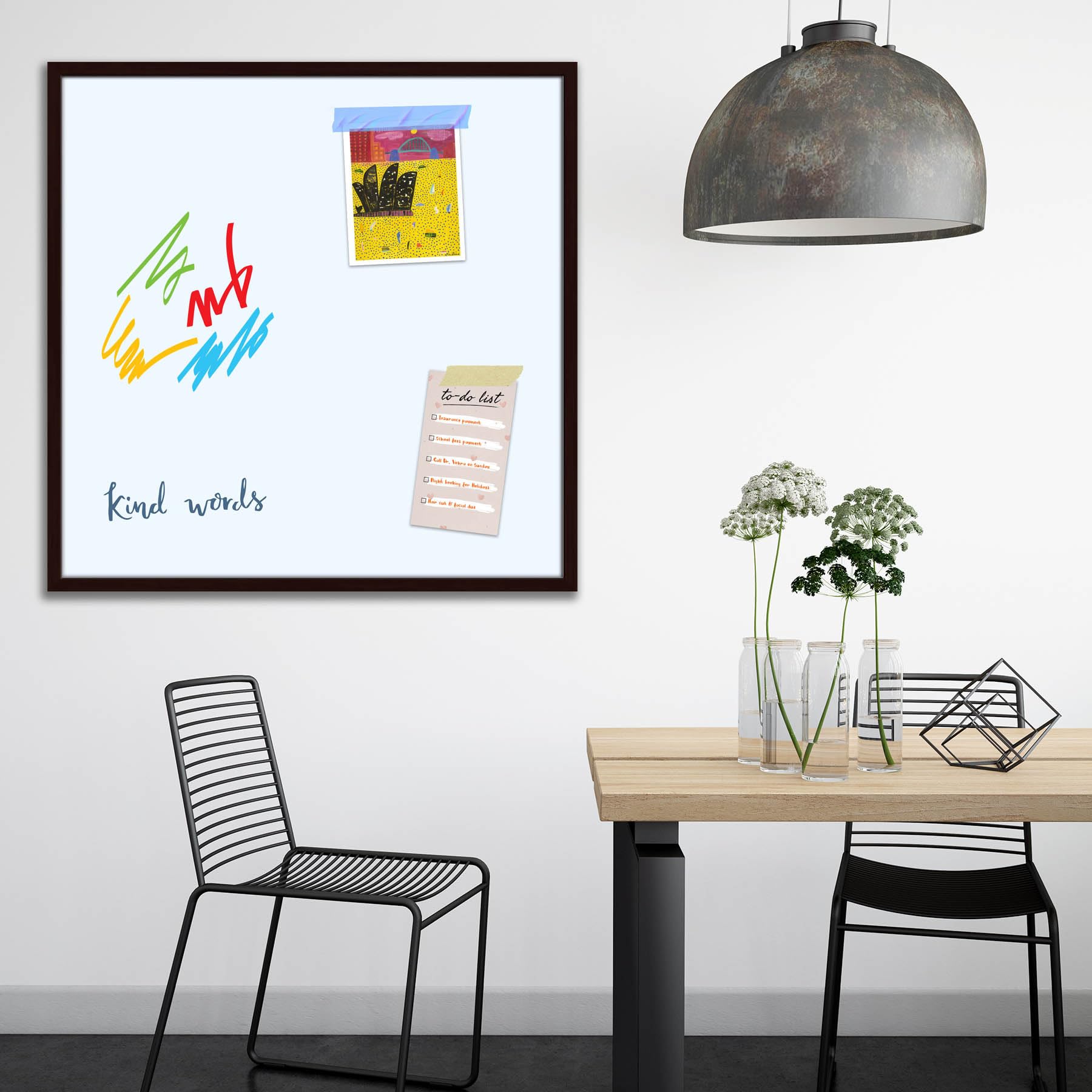 ArtzFolio Whites Family Ghost biały kolor, oprawiona magnetyczna tablica suchościeralna, zawiera karteczki samoprzylepne, przyciski magnetyczne i markery, ciemnobrązowa ramka, 30 x 30 cm