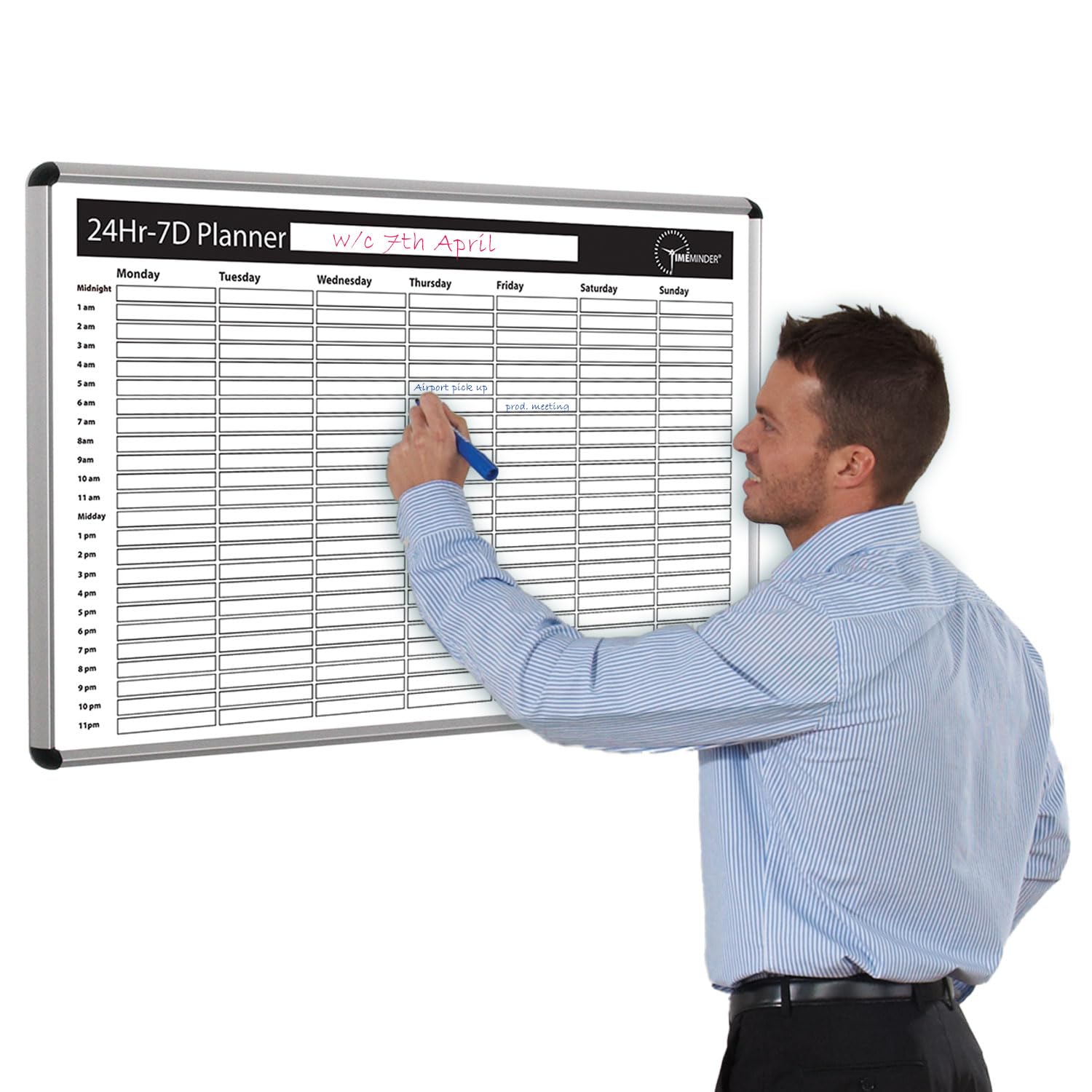 Timeminder Magnetic Whiteboard, 24-Hour / 7-Day Planner, 900 x 600 mm, Dry-Erase, Wall-Mounted, Aluminium Frame- Ideal for Office, Home, School