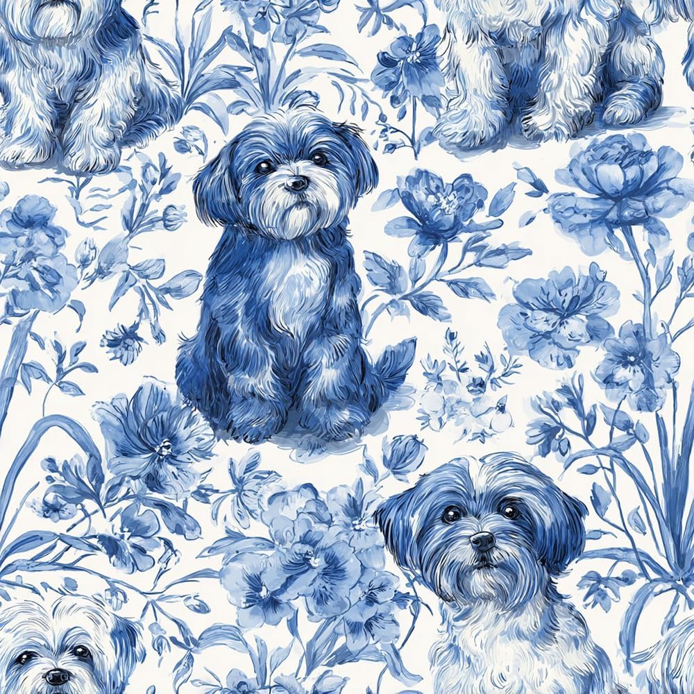 18"x236" Blue Watercolor Cute Small Dog Flower Peel and Stick Self Adhesive Wallpaper Removable Contact Paper Stick on Easy Peel Off Wall Paper for Kitchen Bedroom Bathroom Renter