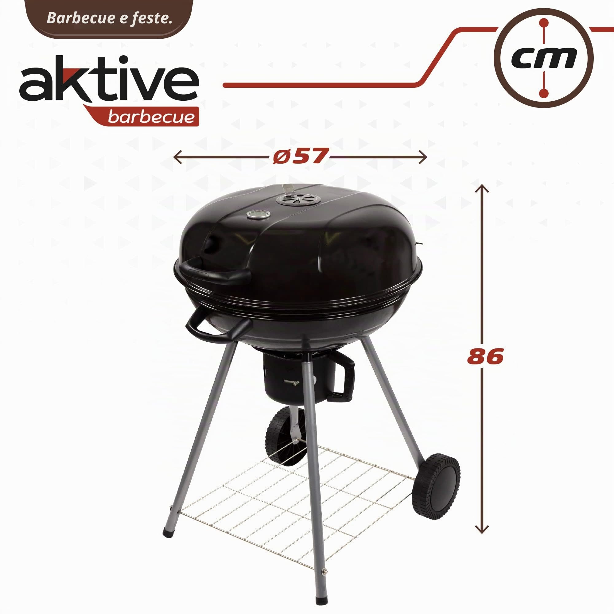 AKTIVE Barbecue a carbonella portatile con coperchio, Ø57x86cm, Rotondo, Metallo, Sistema di ventilazione, Cassetto per la cenere, Controllo della temperatura, 2 ruote, Trasporto facile