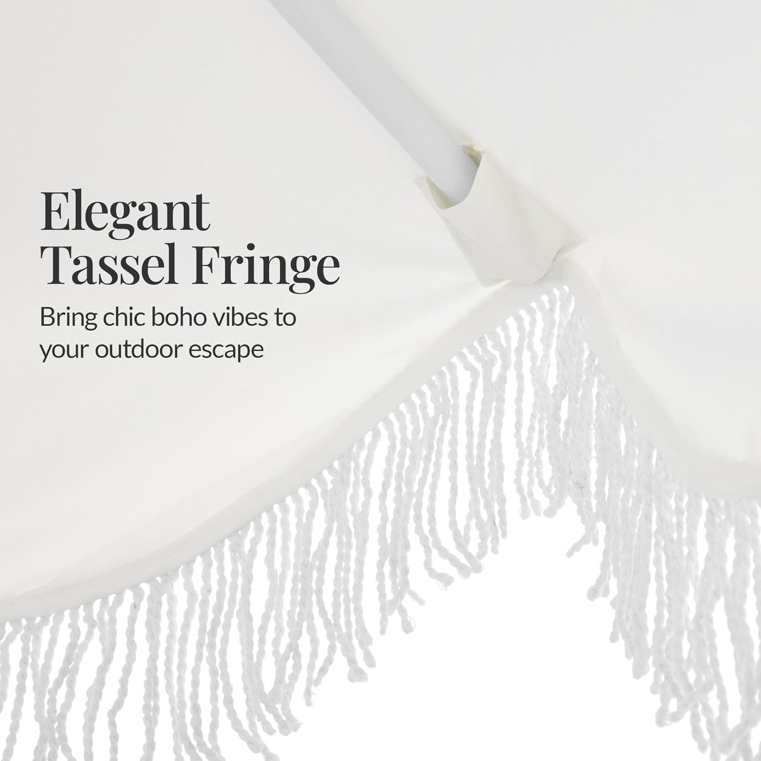 Best Choice Products 9ft Fringe Market Patio Umbrella – Outdoor Boho Tassel Sunshade for Table, Pool, Deck, Backyard – UPF50+, Easy Tilt, Heavy Duty Steel Pole & Ribs - White - Image 3