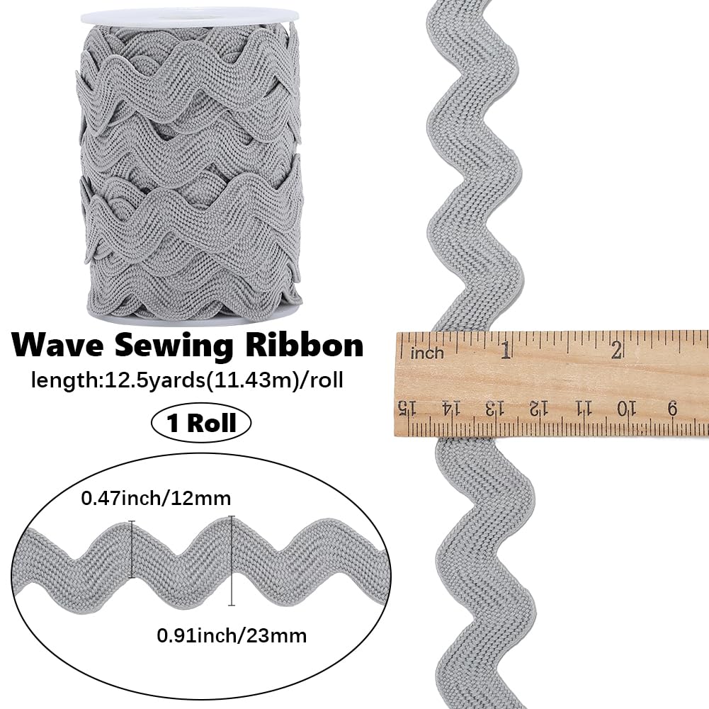 GORGECRAFT 12.5 Yards Rick Rack Trim for Sewing 13mm Ric Rac Polyester Rickrack Zig Zag Lace Wave Ribbon Light Grey Wave Bending Fringe Lace Trim S Shaped Woven Braided Fabric for DIY Crafts - Image 2