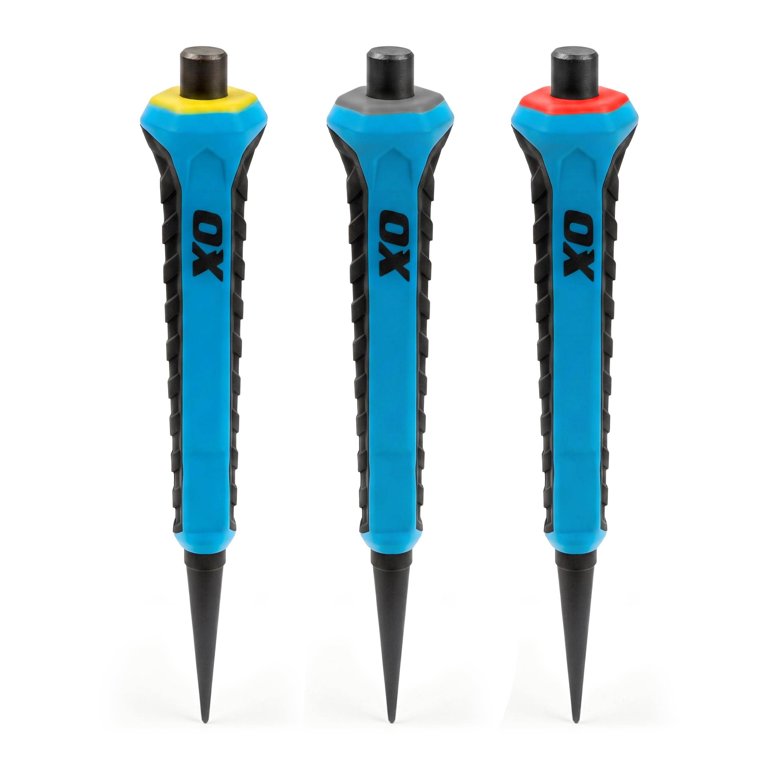 OX Pro Nail Punch Set 3pc | 0.8, 1.6, 2.4mm | Colour-Coded | Anti-Roll | Nail Punch 3pc for Countersinking & Finishing – Forged Hardened Steel, Hex Anti-Roll, Colour-Coded