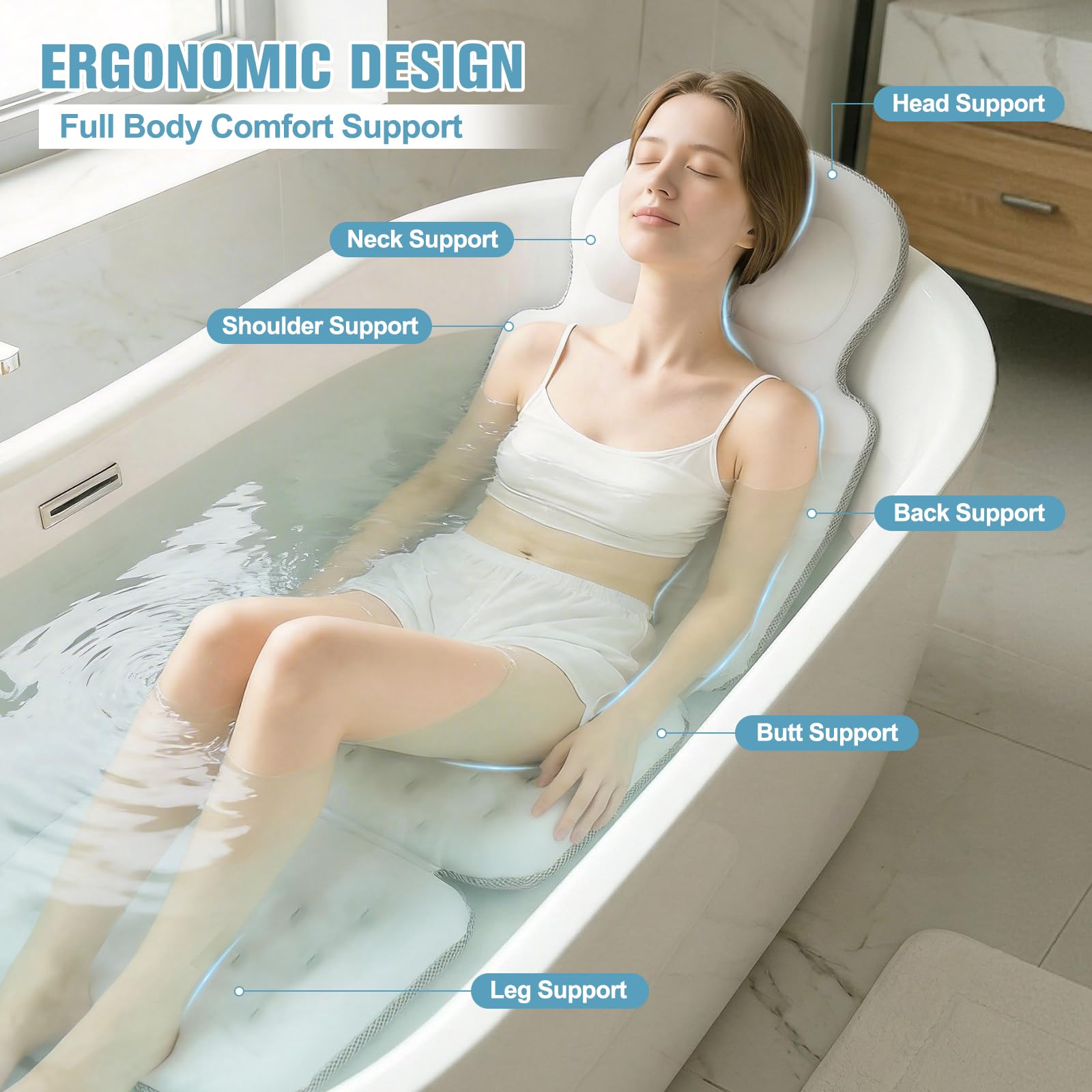 Almohada de baño de Cuerpo Completo 127 x 41 cm, con Soporte para Cabeza y 192 ventosas. Grosor 6 cm en Espuma viscoelástica – Relajación Tipo SPA en casa – Incluye Bolsa de Lavado