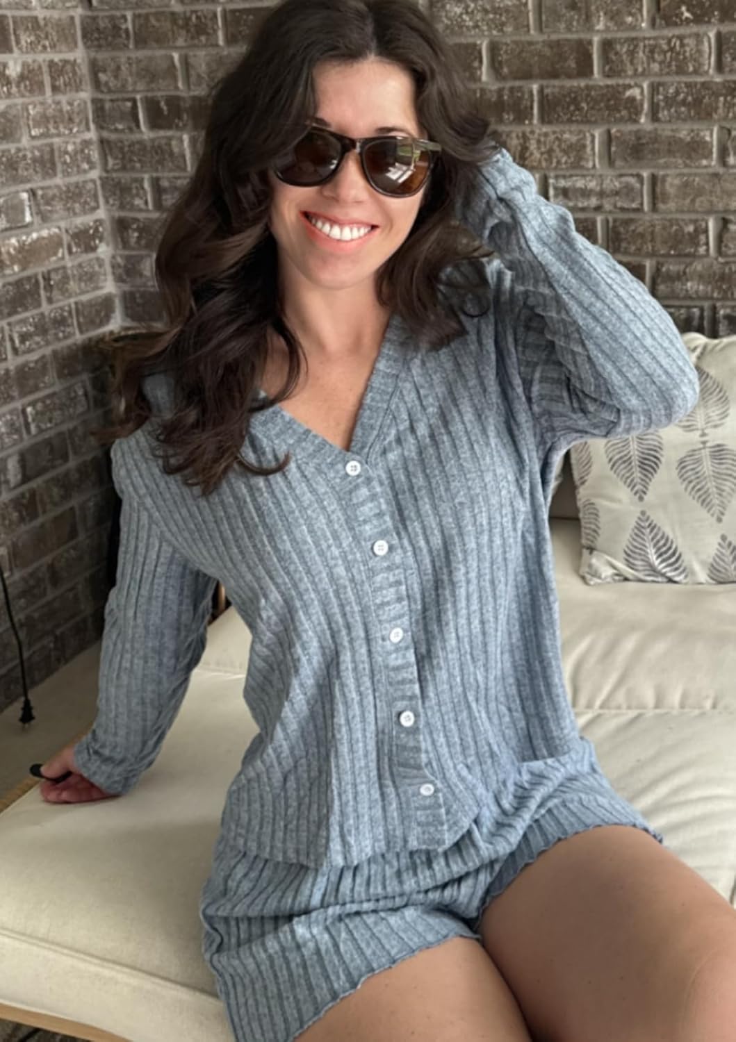 Dressmine Pajama Sets for Women 2 Piece Shorts Cute Button Up Pjs Set Fall Sleepwear Long Sleeve Loungewear Sets - Image 4