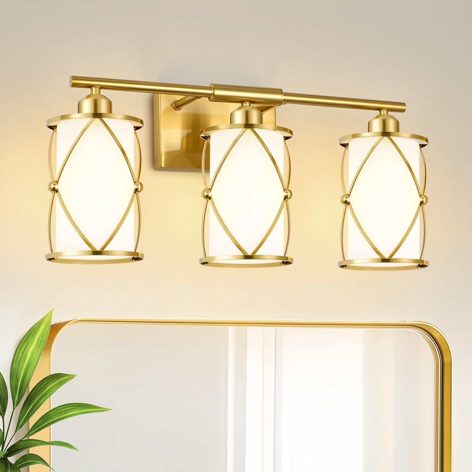 Photo 1 of Osimir 3-Light Brushed Gold Bathroom Light Fixtures with Milk Frosted Glass, 21" Modern Bathroom Vanity Lighting Fixtures Over Mirror with Metal Cage, Wall Sconce Lights for Bath, E26, CH9176BGW-3W